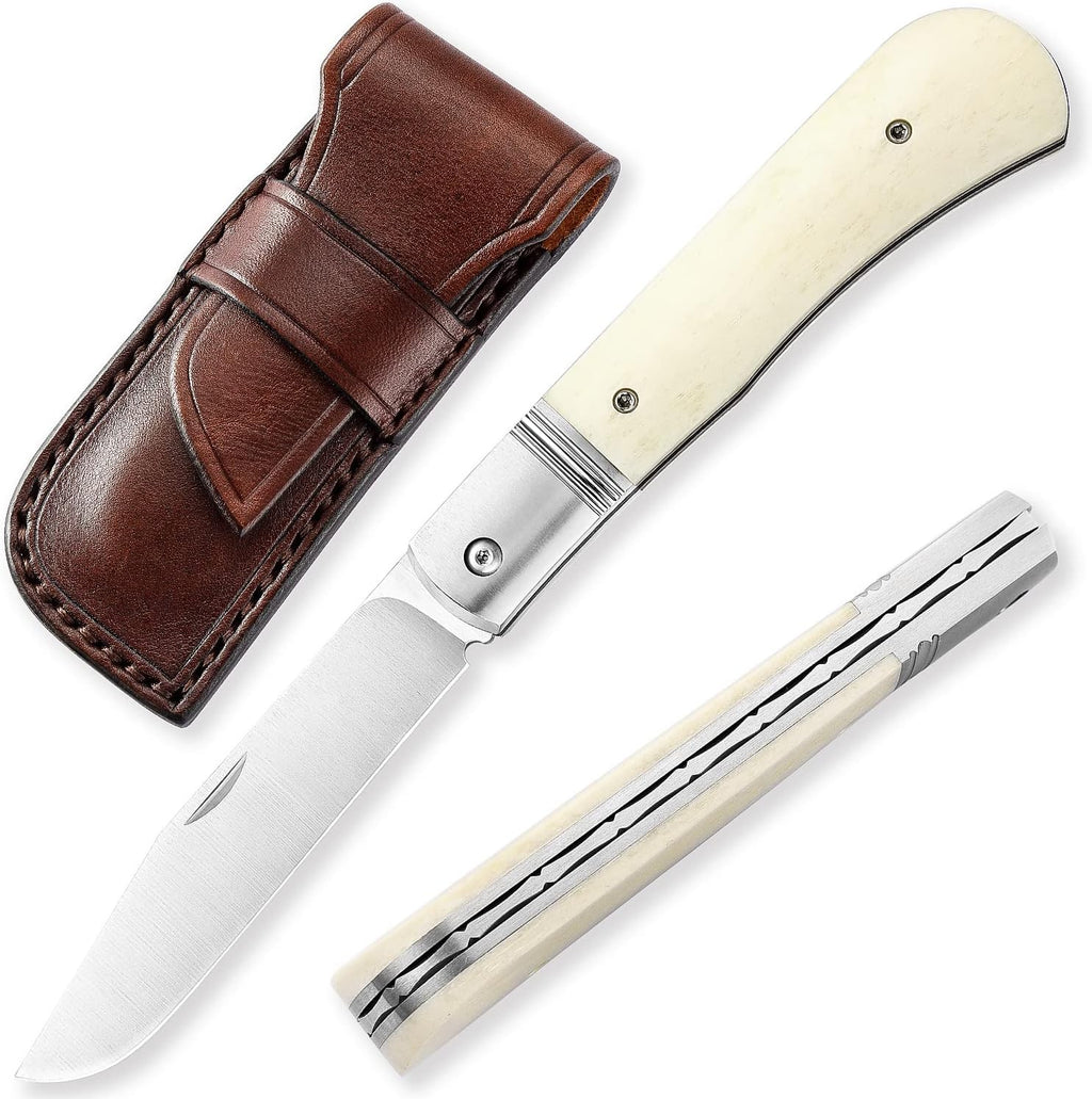 Folding Pocket Barlow Knife with Leather Sheath, 3in Bohler M390 Steel Blade, TC4 Ti Alloy & OX Bone Handle F677