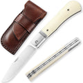 Folding Pocket Barlow Knife with Leather Sheath, 3in Bohler M390 Steel Blade, TC4 Ti Alloy & OX Bone Handle F677