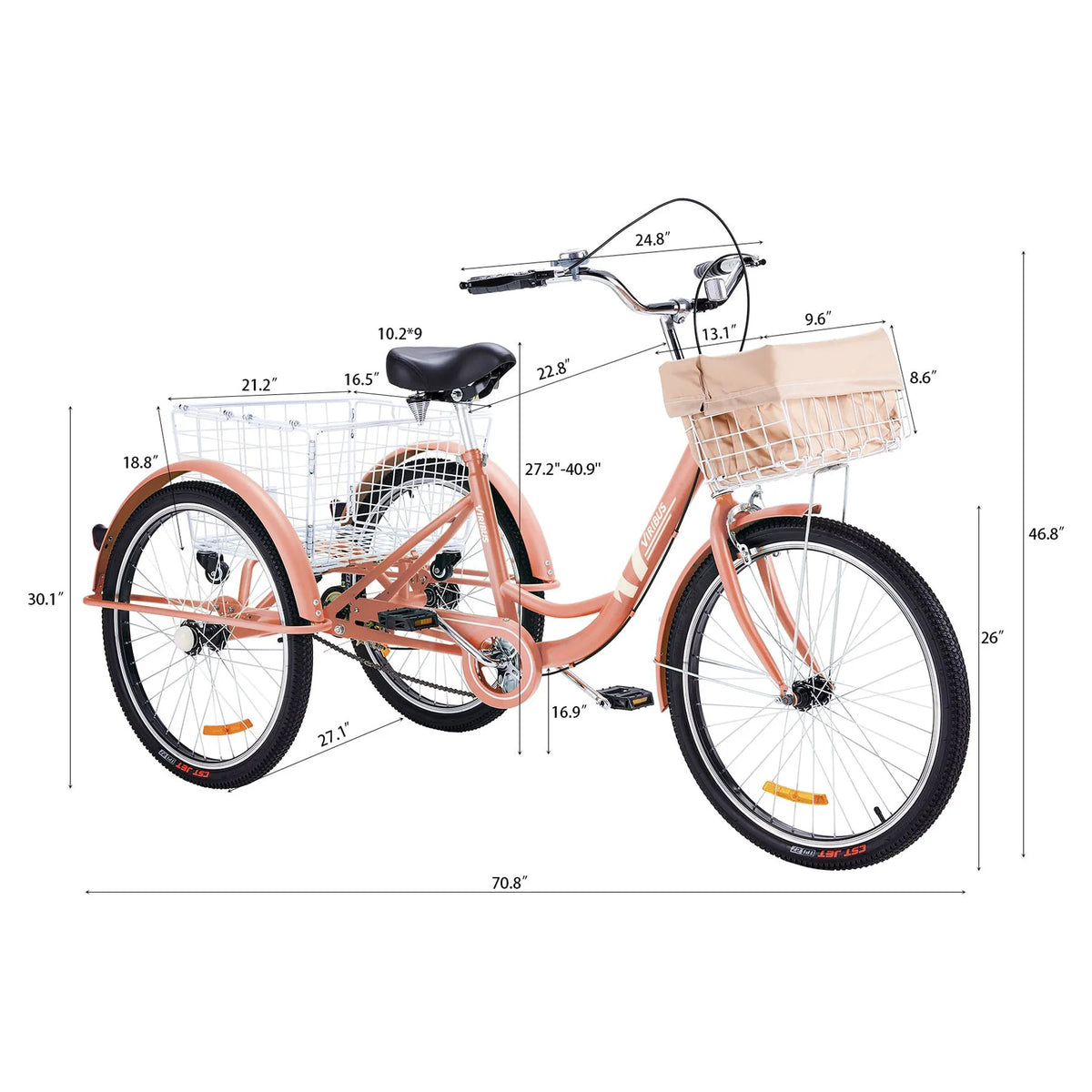 26Inch Adult Tricycle 3 Wheels Cruiser Bike with Removable Wheeled Basket Pink N312