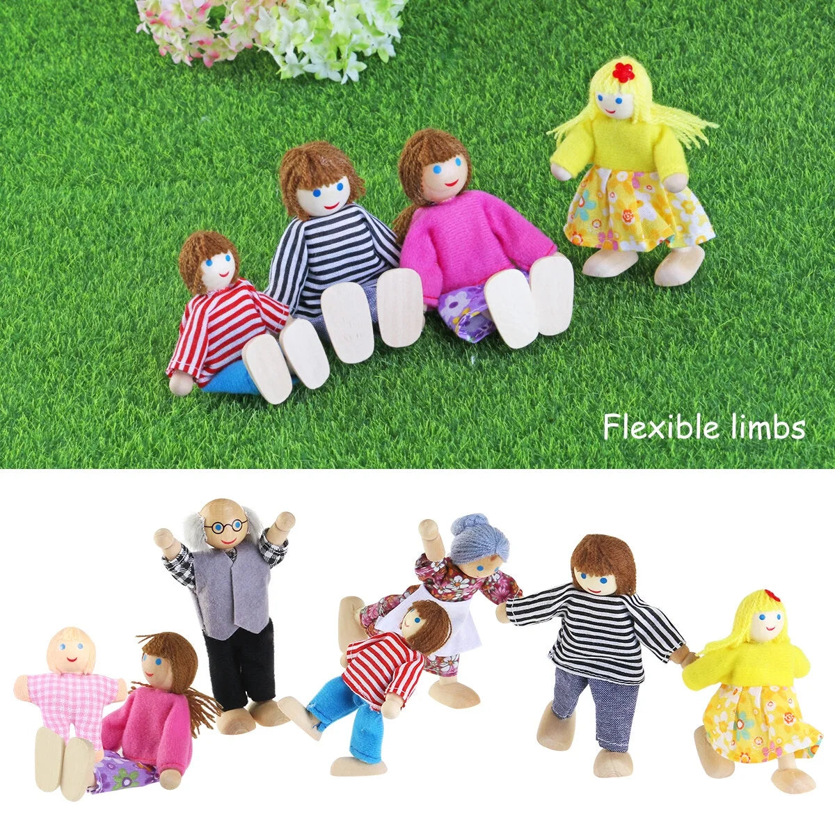 7 Pieces Wooden Dollhouse Family Set Mini People Figures D2368