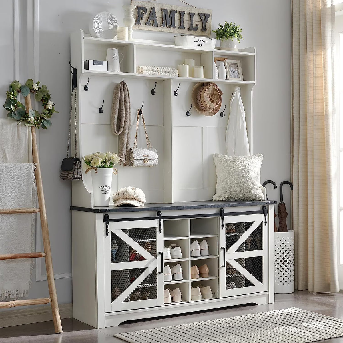 White Hall Tree with Shoe Storage Closet Double Door and Coat Rack A4751