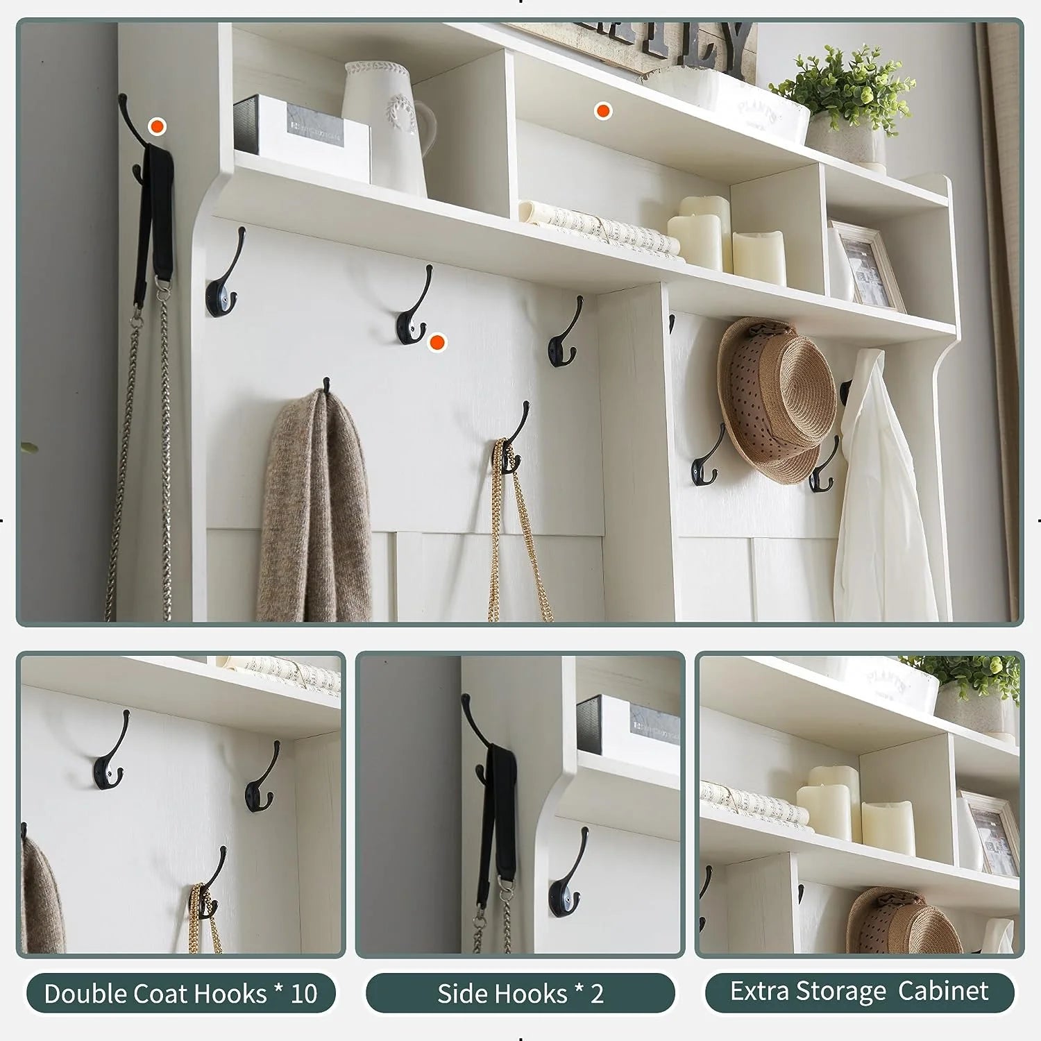 White Hall Tree with Shoe Storage Closet Double Door and Coat Rack A4751