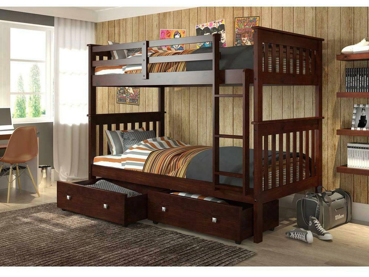 Twin/Twin Mission Bunk Bed with Under Bed Drawers Cappuccino Finish X831