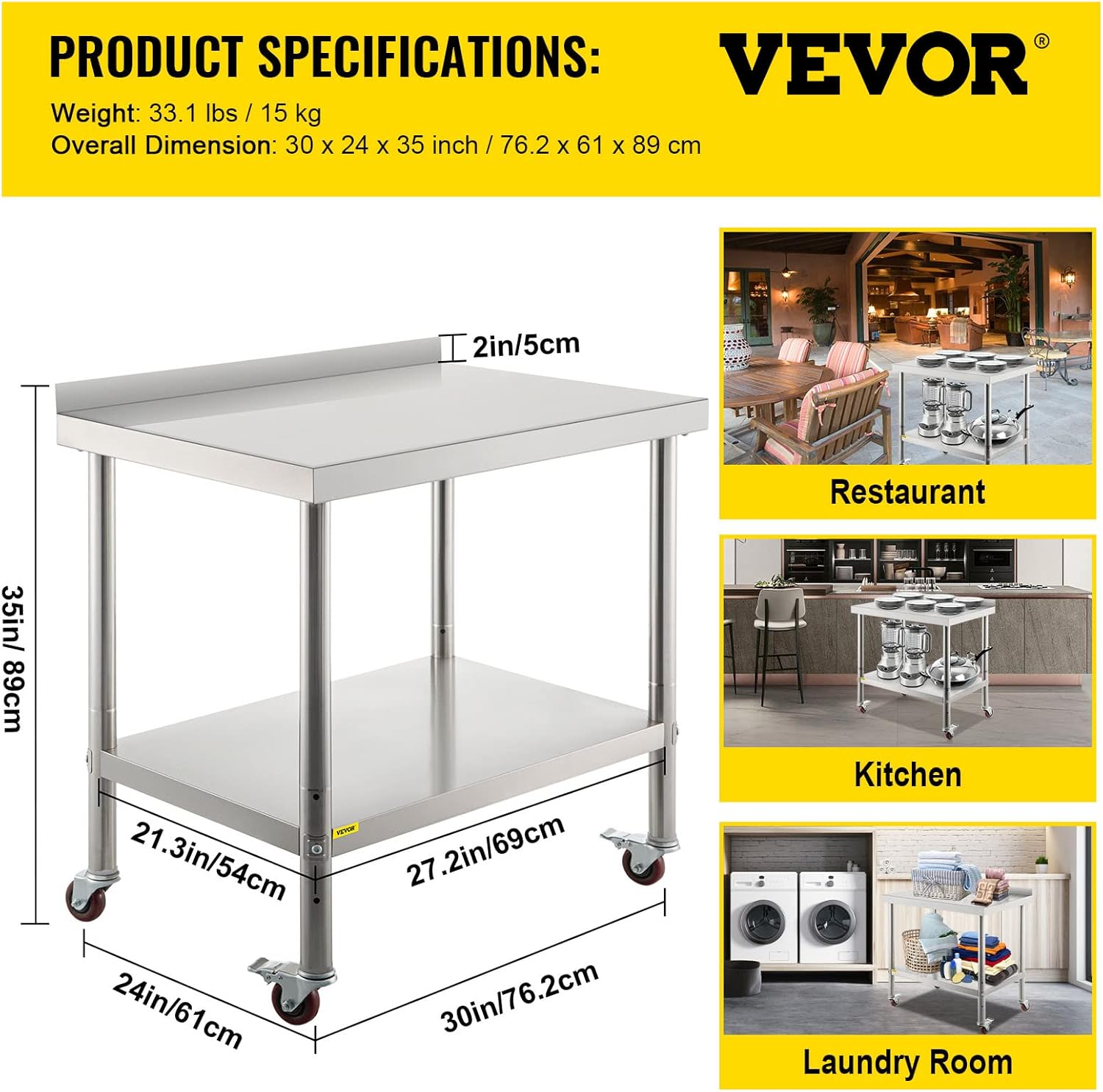 Stainless Steel Prep Table, 30 x 24 x 35 Inch, 440lbs Load Capacity, with Backsplash, Adjustable Undershelf & 4 Casters W399