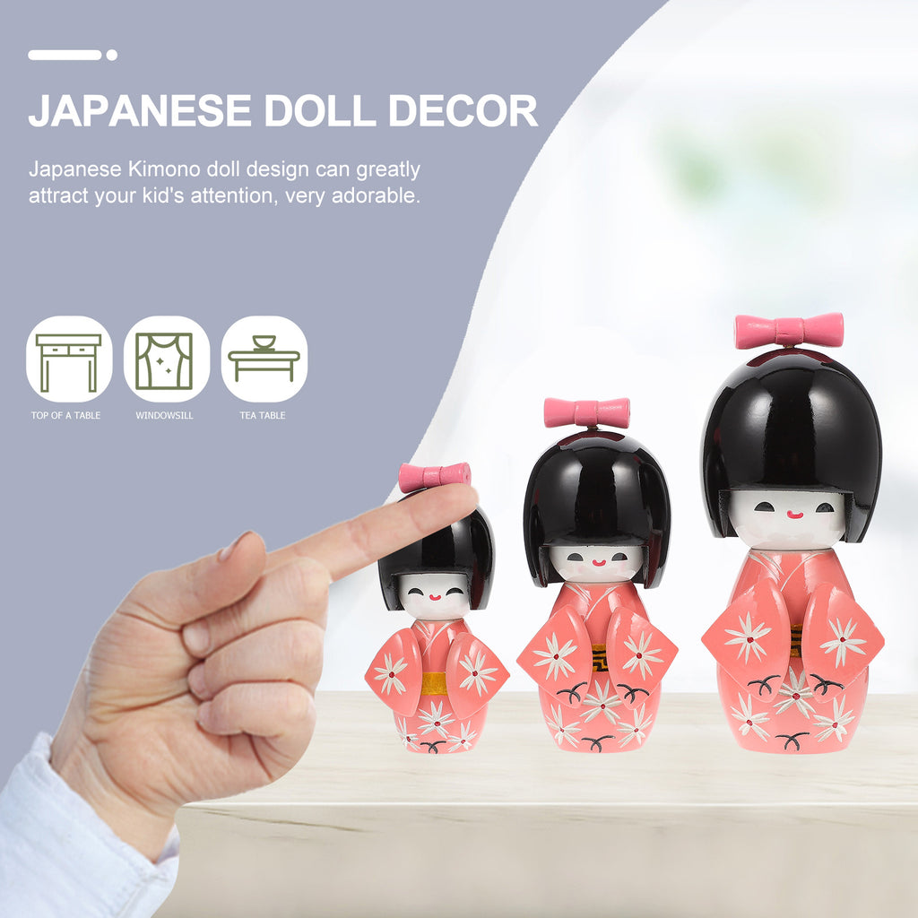 3 Pcs Wooden Japanese Kimono Doll Figurine M680150