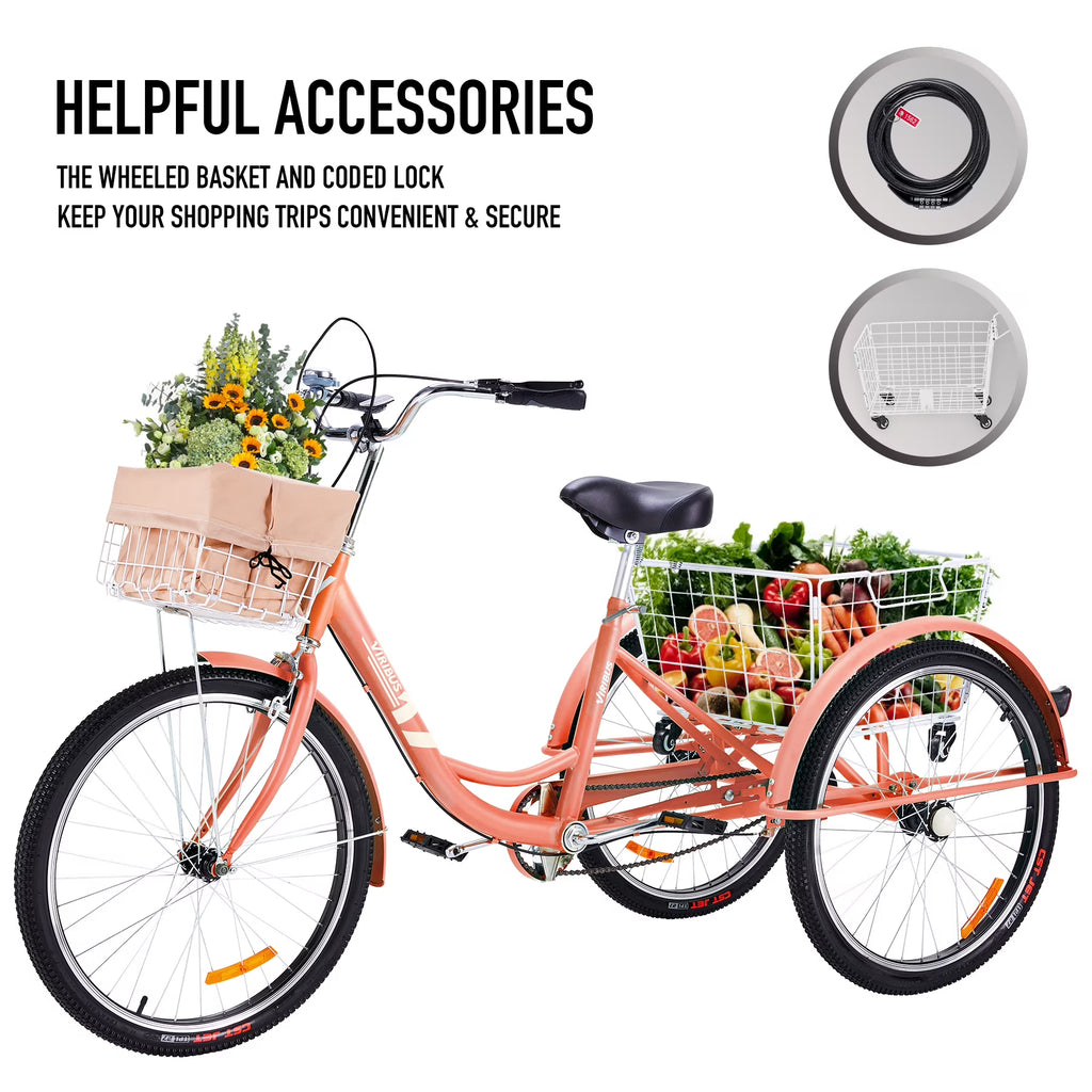 26Inch Adult Tricycle 3 Wheels Cruiser Bike with Removable Wheeled Basket Pink N312