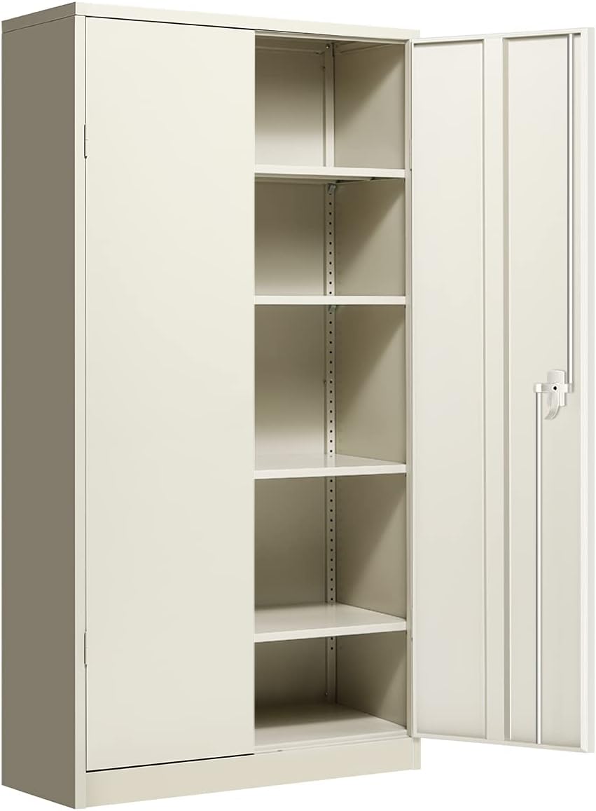 White Metal Storage Cabinet with 2 Adjustable Shelves O893674