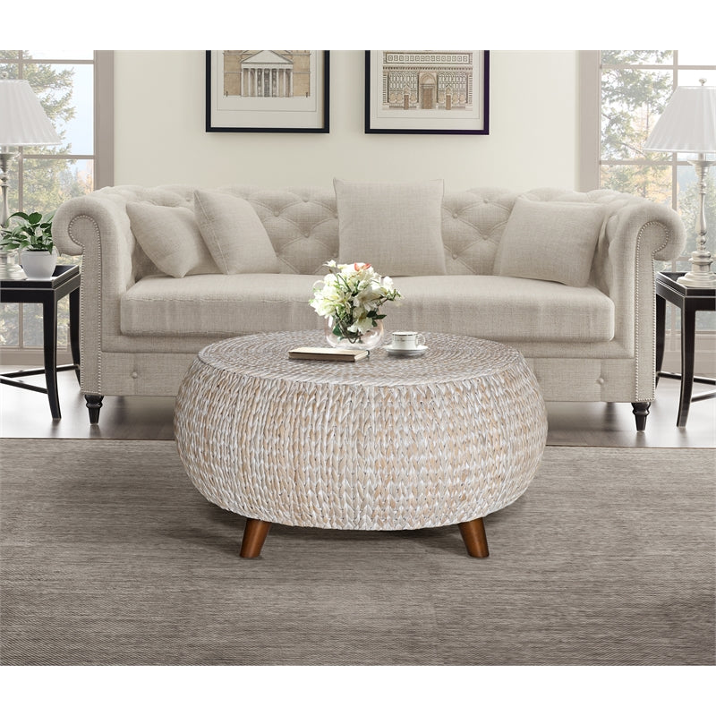 Low Round Wood Accent Table in Whitewashed Y252763