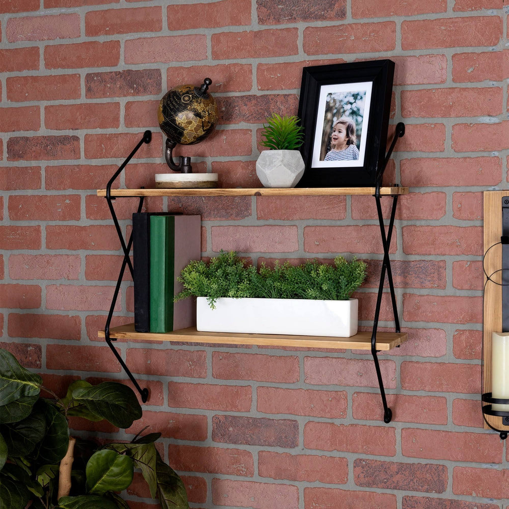 Industrial 2 Tier Metal Wire and Wood Wall Shelf X261