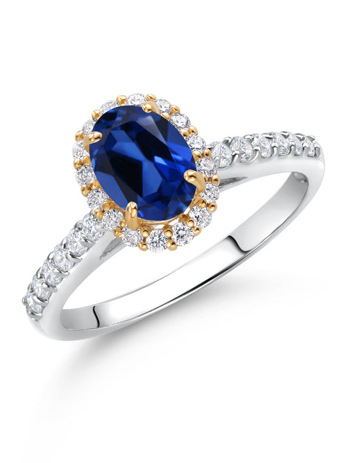 10K White Gold Blue Created Sapphire Lab Grown Diamond Halo Engagement Ring (1.31 Cttw, Oval 7X5MM) H31184