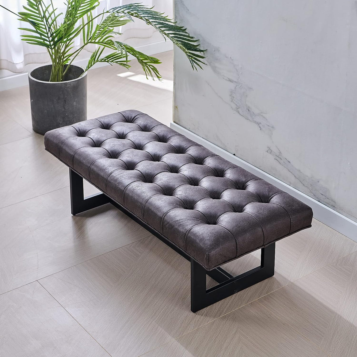 Foggy Gray Vegan Leather Ottoman Bench Z1886