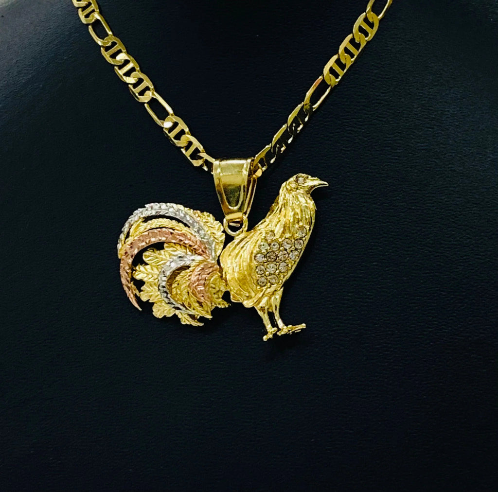 14K Solid Gold Filled Rooster Necklace Pendant CZ Mariner Chain 24" L489823
