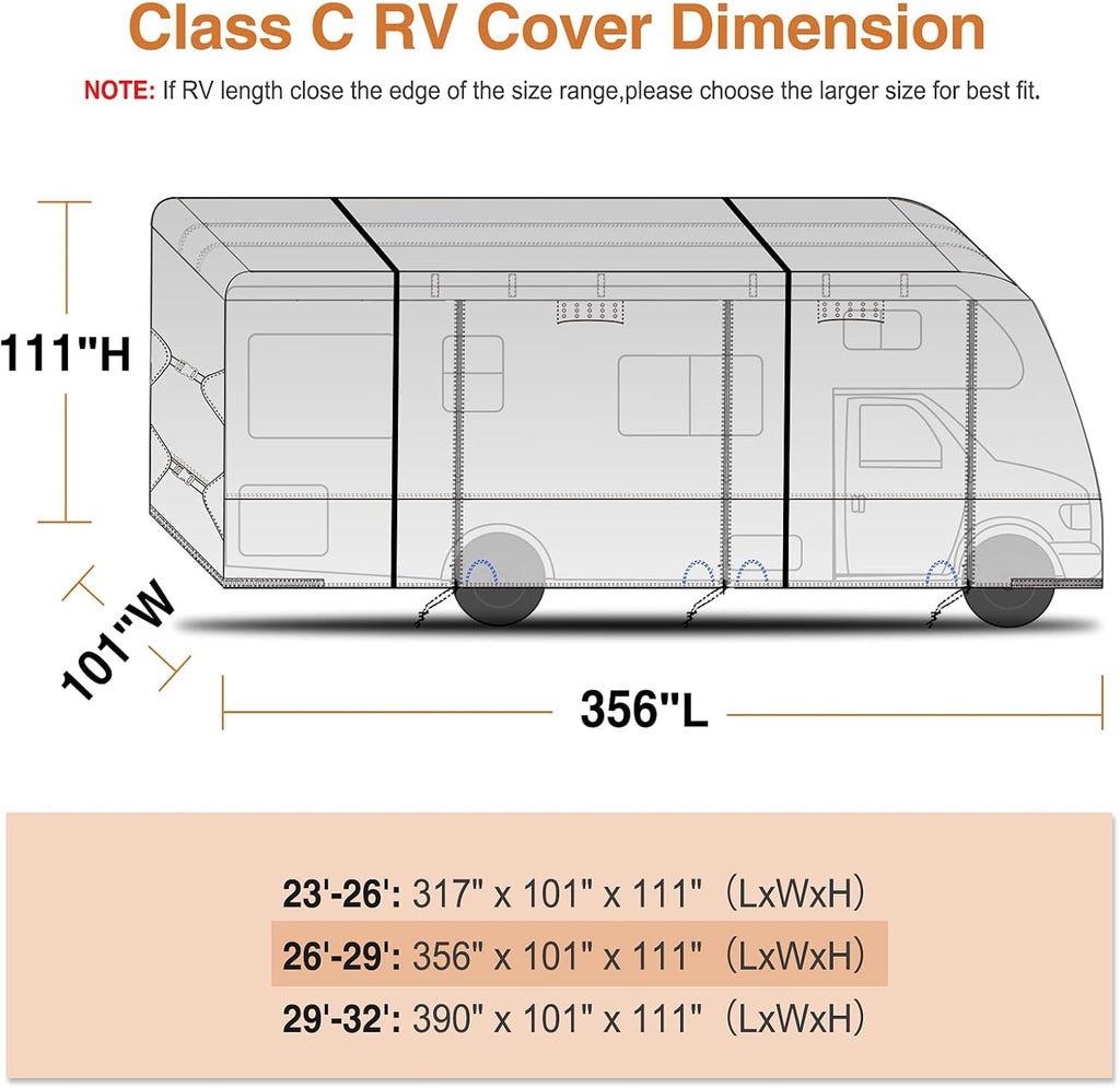 Rip-Stop 210D Class C RV Cover Windproof Waterproof Camper Cover with 2Pcs Extra Long Straps & Gutter Covers M932