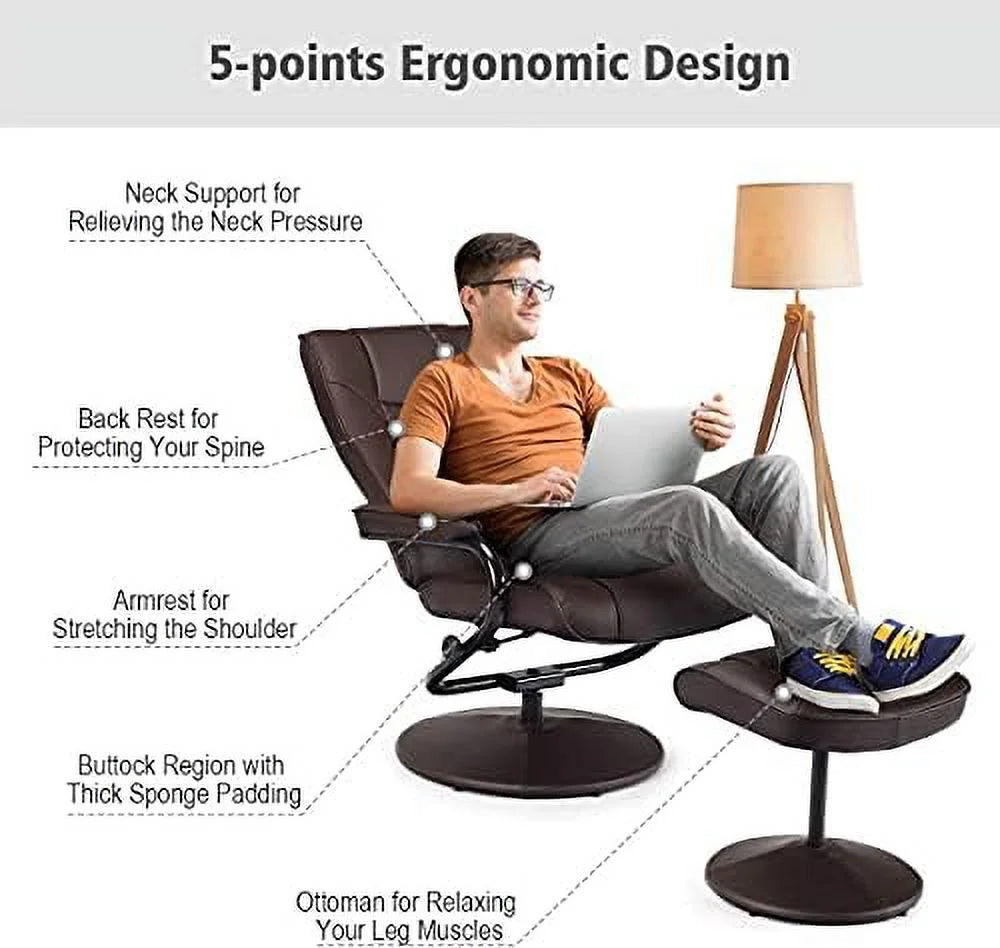 Brown PU Leather Swivel Recliner Chair with Footrest Ottoman Set H74736