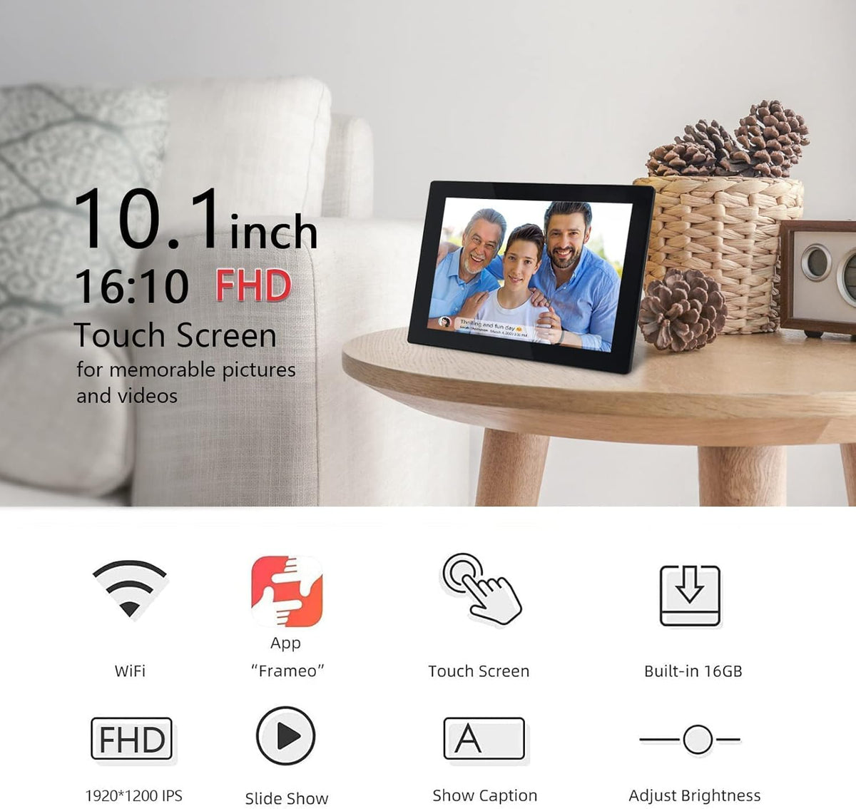 Smart Digital Photo Frame WiFi 10.1 Inch FHD IPS Touch Screen 16GB Storage W9849