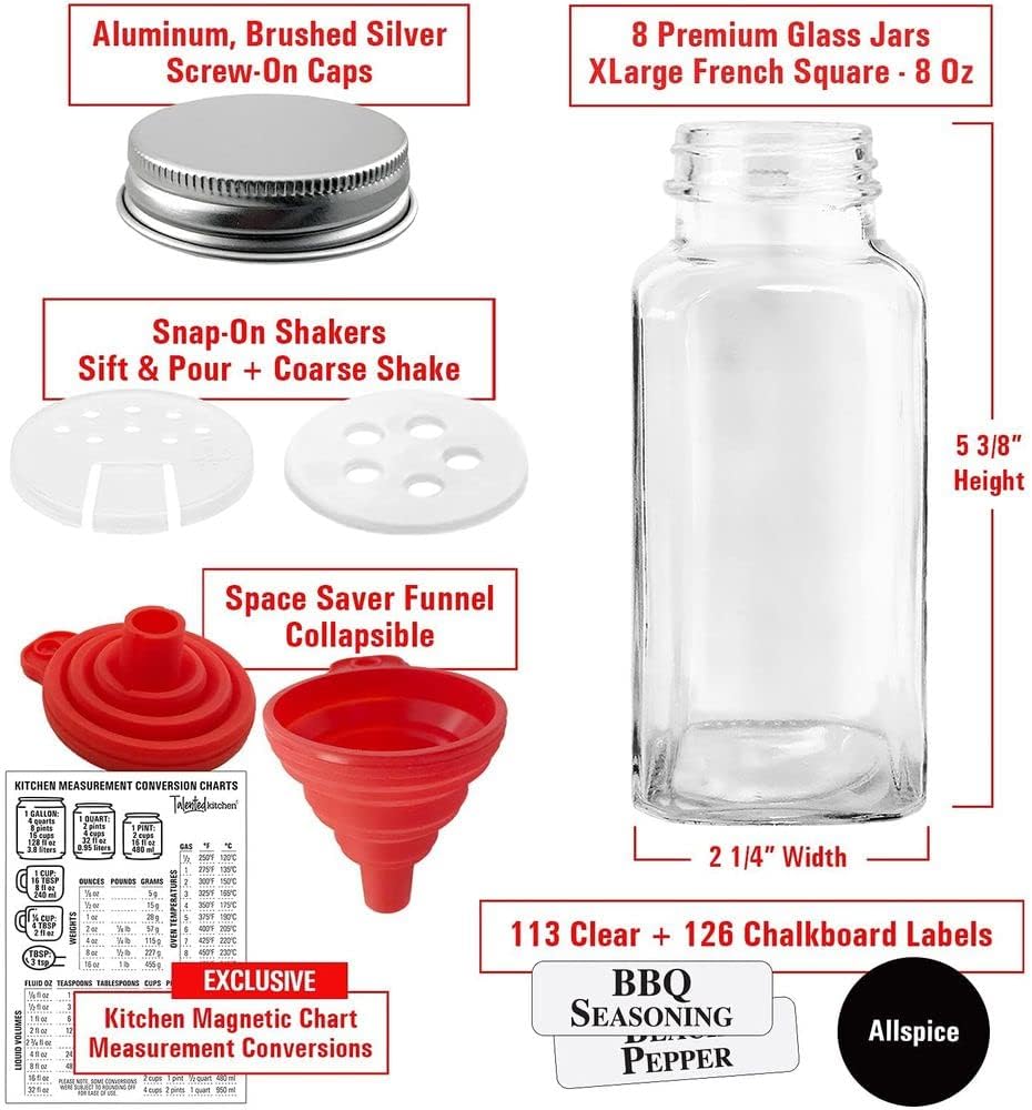 8 XLarge 8oz Glass Spice Jars with Airtight Cap and Shaker V596
