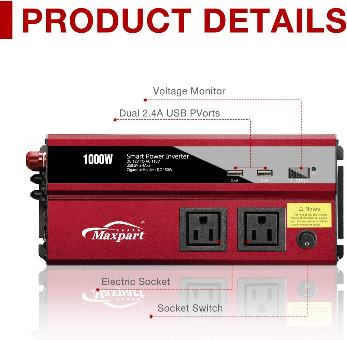 1000W Power Inverter 12v to 110v AC Dual AC Outlets 2.4A USB Pack of 2 F3546