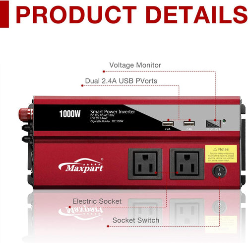 1000W Power Inverter 12v to 110v AC Dual AC Outlets 2.4A USB Pack of 2 F3546