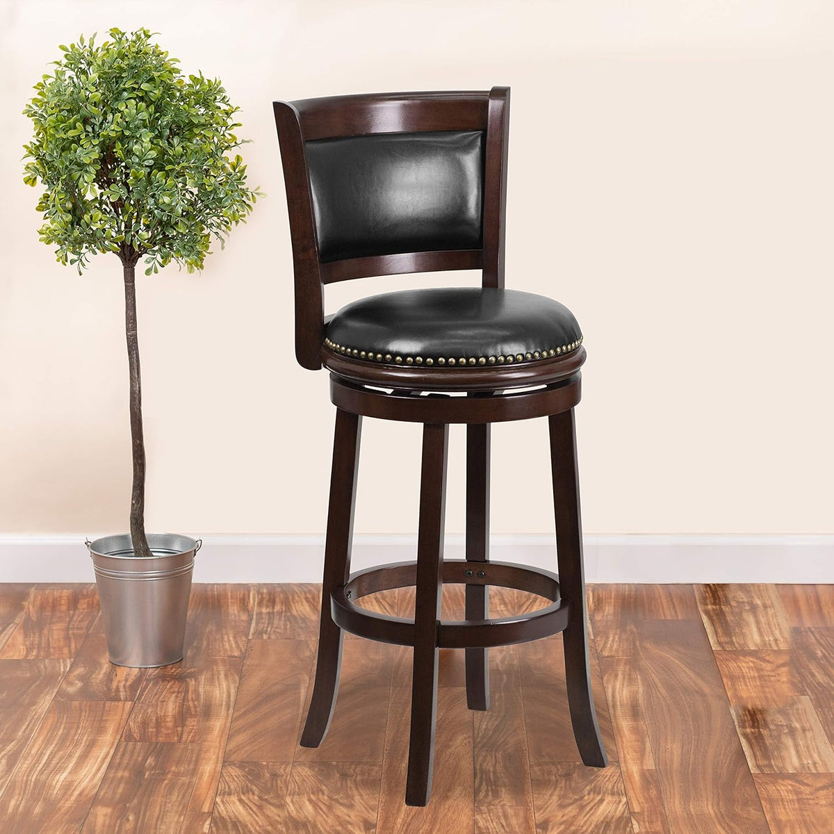 Cappuccino Wood Barstool with Panel Back and Black LeatherSoft Swivel Seat J7713