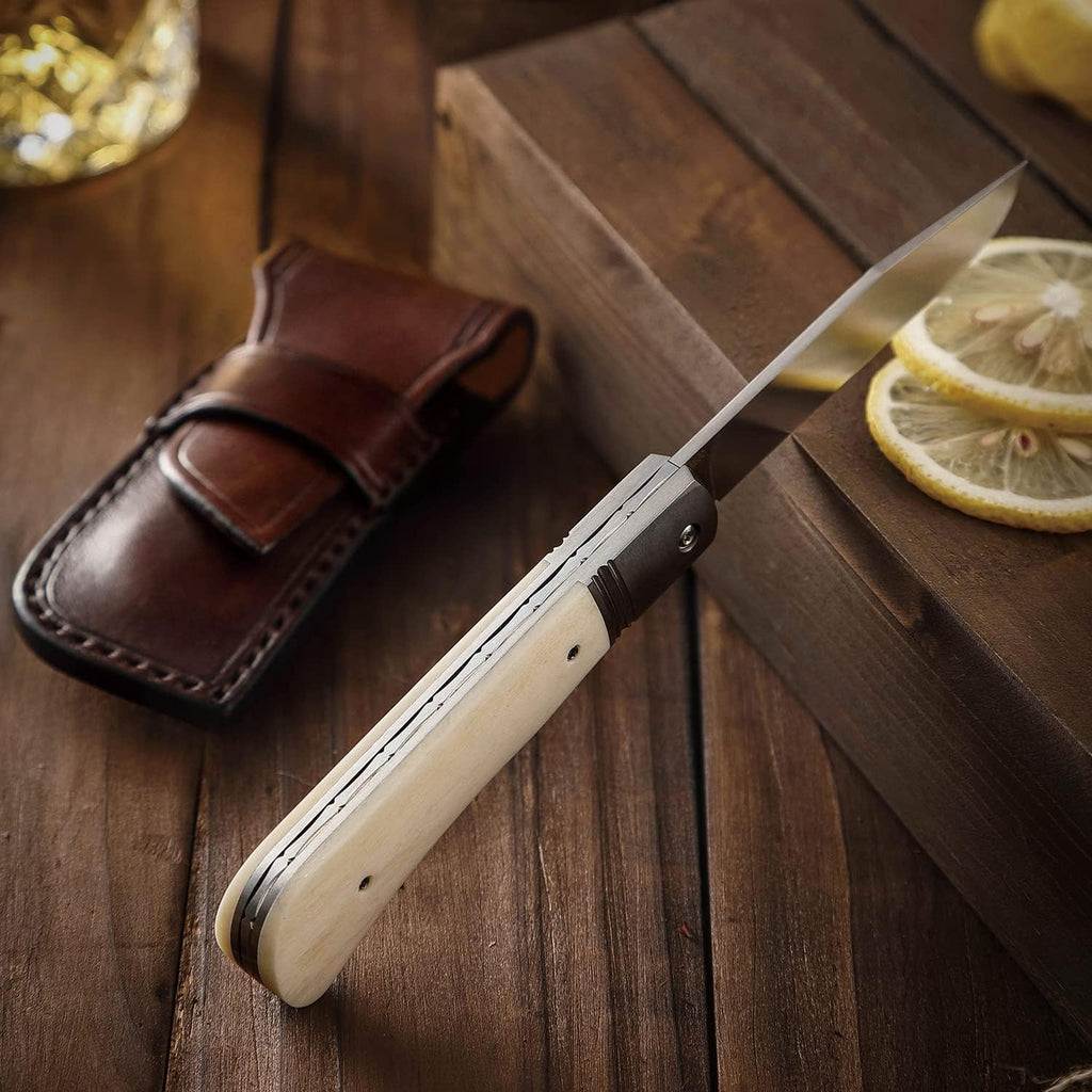 Folding Pocket Barlow Knife with Leather Sheath, 3in Bohler M390 Steel Blade, TC4 Ti Alloy & OX Bone Handle F677