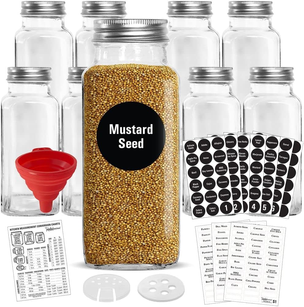8 XLarge 8oz Glass Spice Jars with Airtight Cap and Shaker V596
