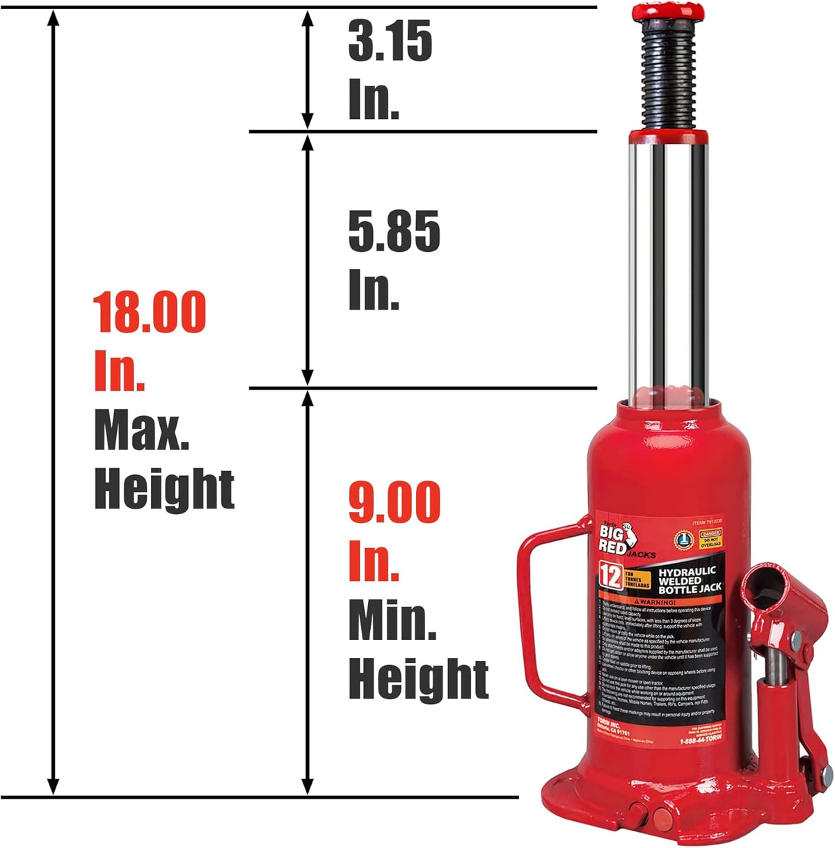 Hydraulic Welded Bottle Jack, 12 Ton Capacity, Red, Pack of 2 N40246