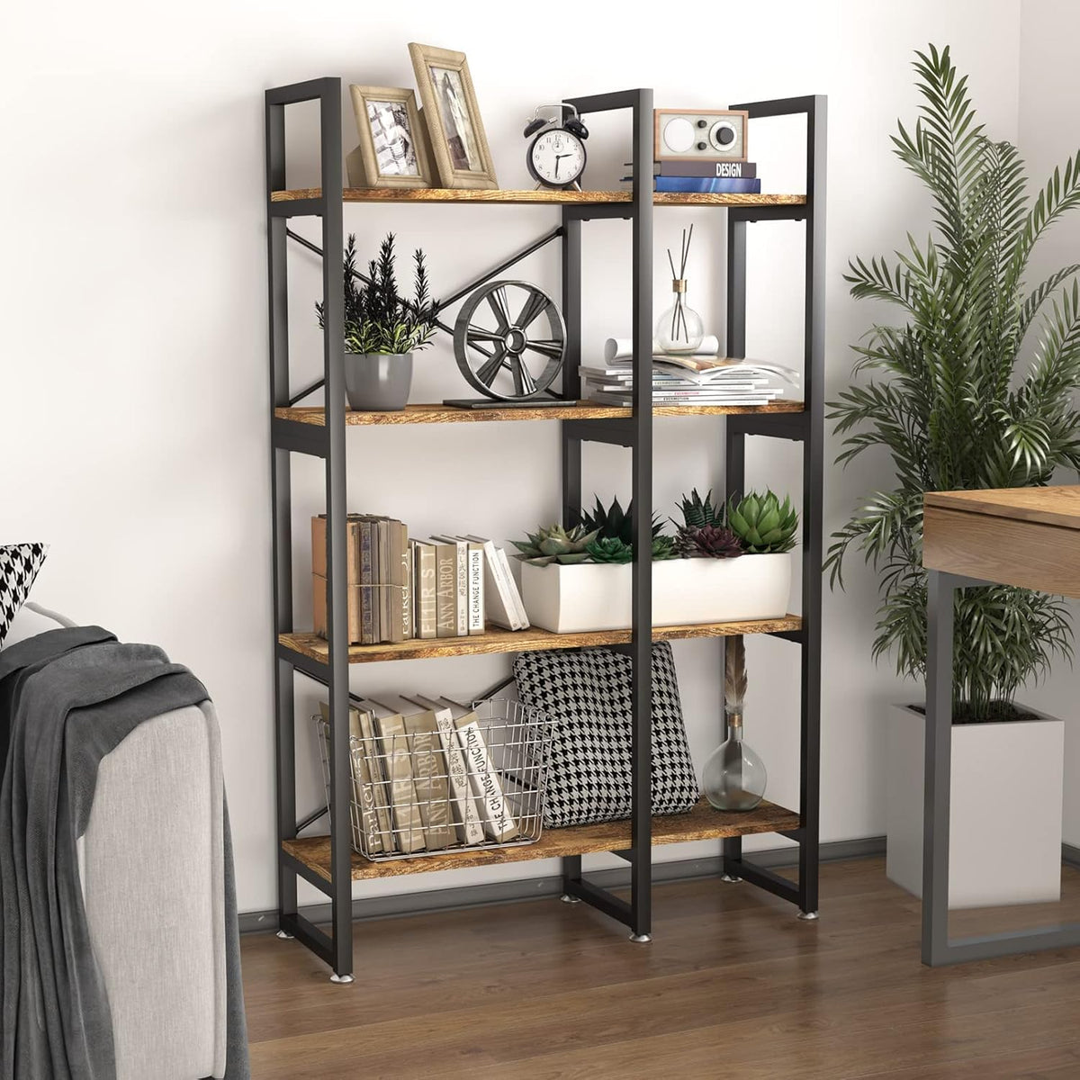 Rustic Brown 4 Tiers Metal Frame Bookshelf L27792