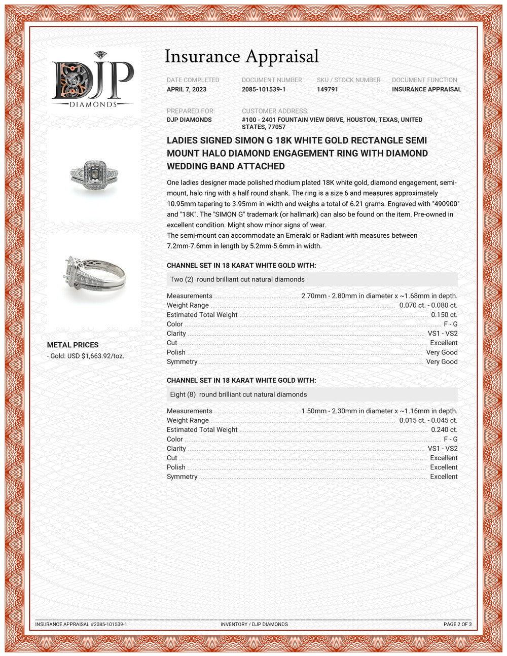 18K White Gold Rectangle Halo Diamond Engagement Ring L49496