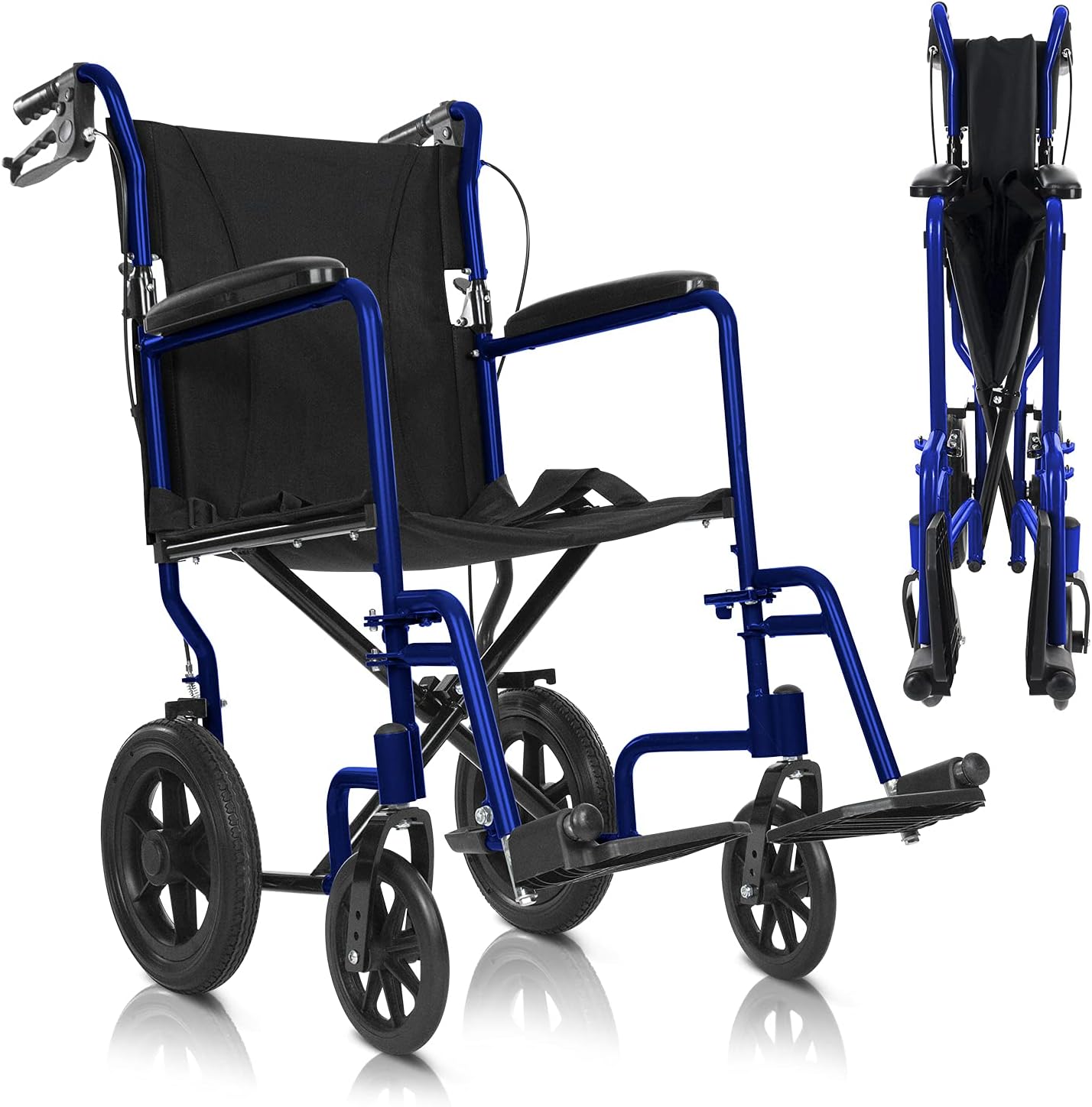 Blue Aluminum Folding Transport Wheelchair with Hand Brake T320670