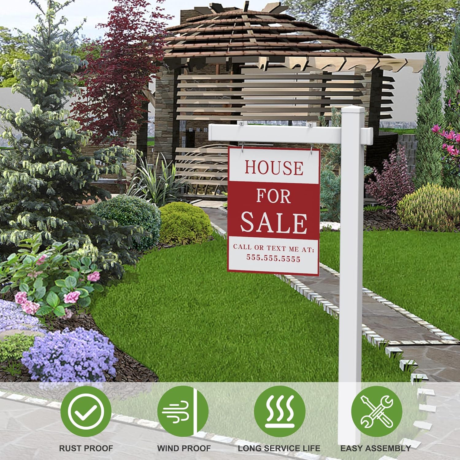 Vinyl PVC Real Estate Sign Post with Flat Cap 6' Tall, 36 Arm Holds Up to 24 Sign, White D6404