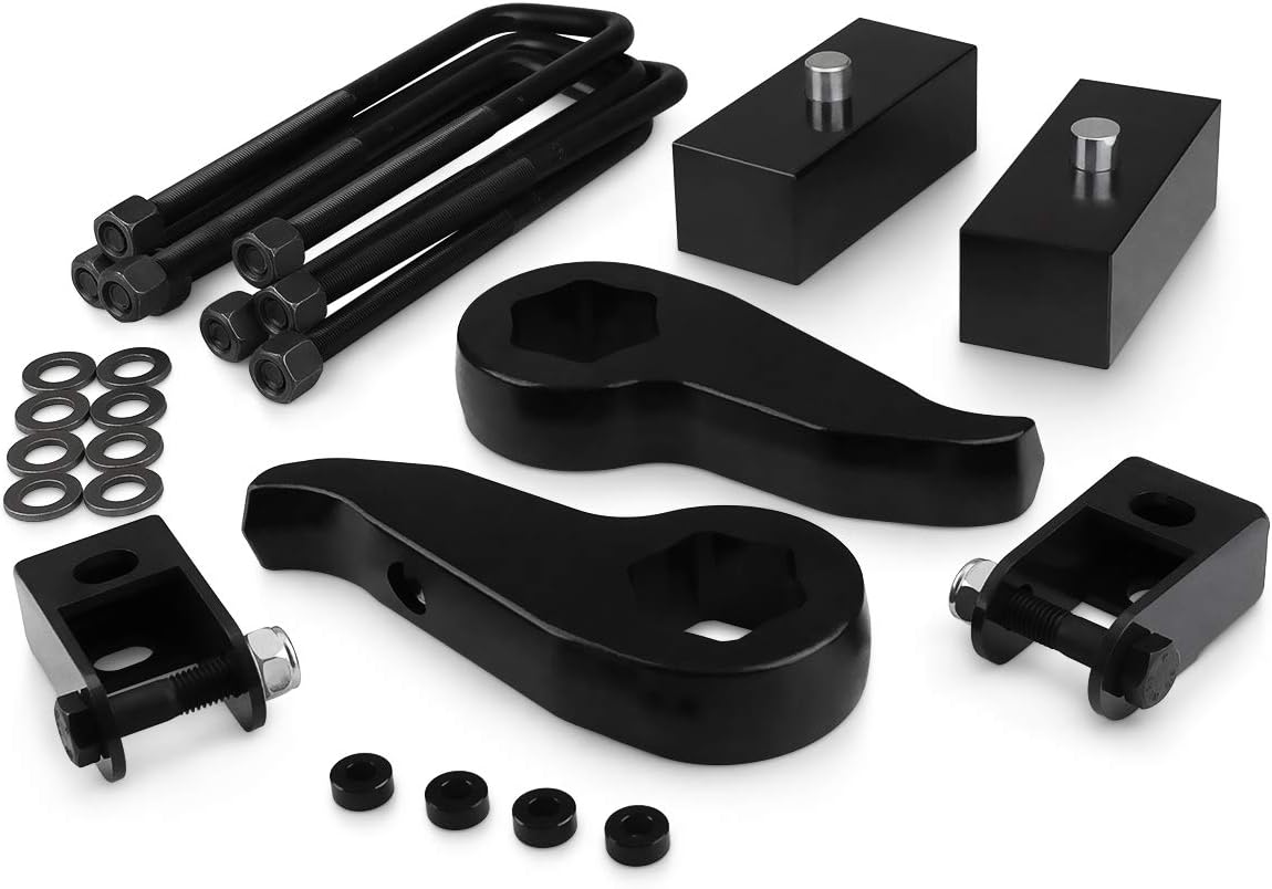 Front 2" Rear Leveling Lift Kit Adjustable Torsion Keys + Rear Blocks + U-bolts + Shock Extenders Fits 2011-2019 Chevy Silverado GMC Sierra 2500HD 3500HD 4WD B9449