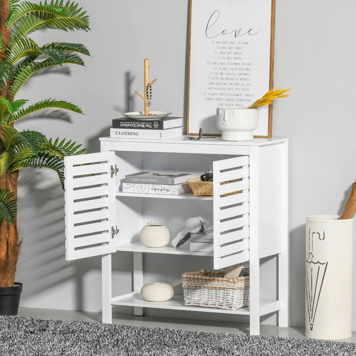 White Media Console Cabinet with Slat Double Doors and Adjustable Shelf F9057
