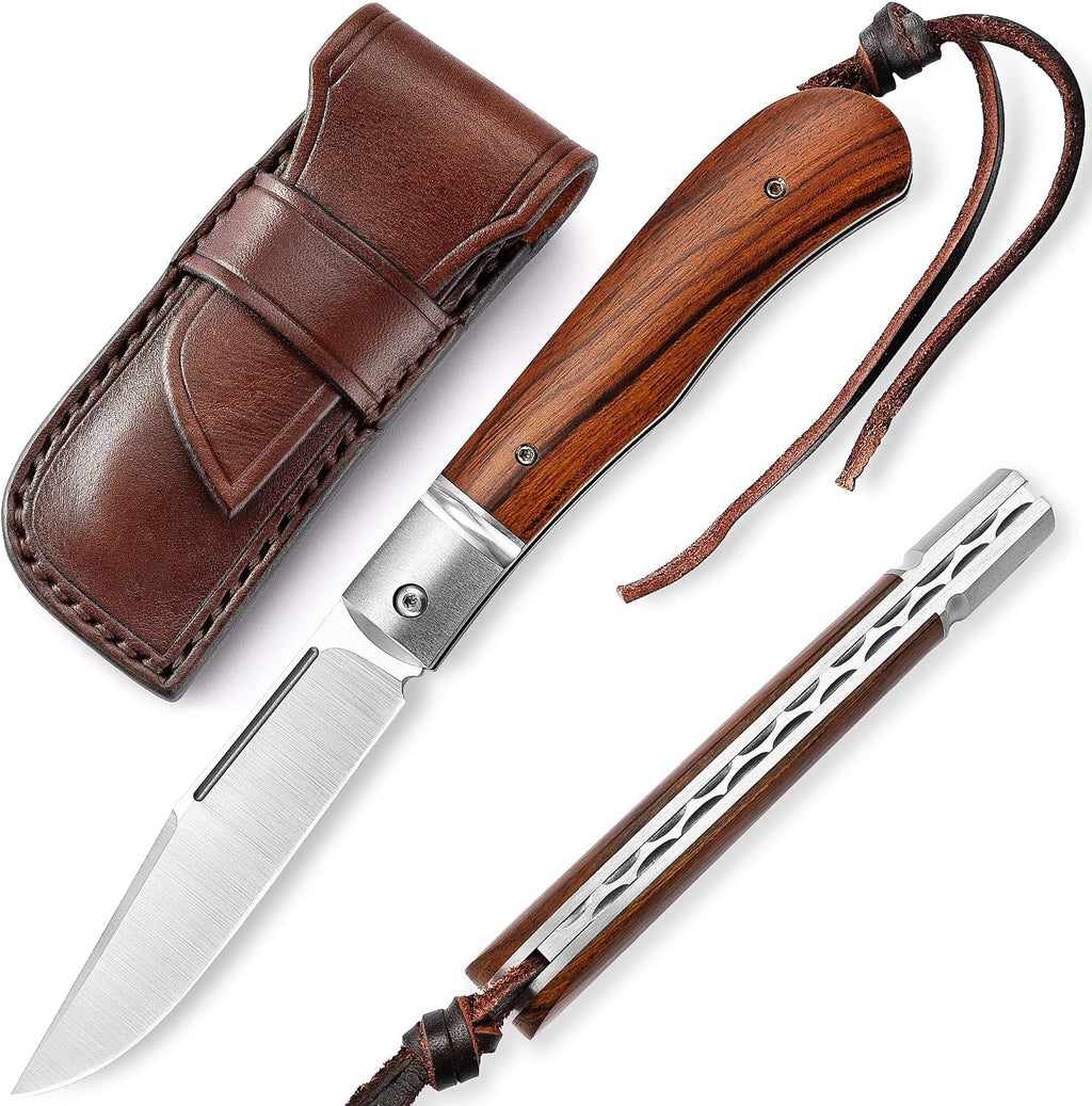 Folding Pocket Barlow Knife with Leather Sheath, 3in Bohler M390 Steel Blade, TC4 Ti Alloy & OX Bone Handle F677