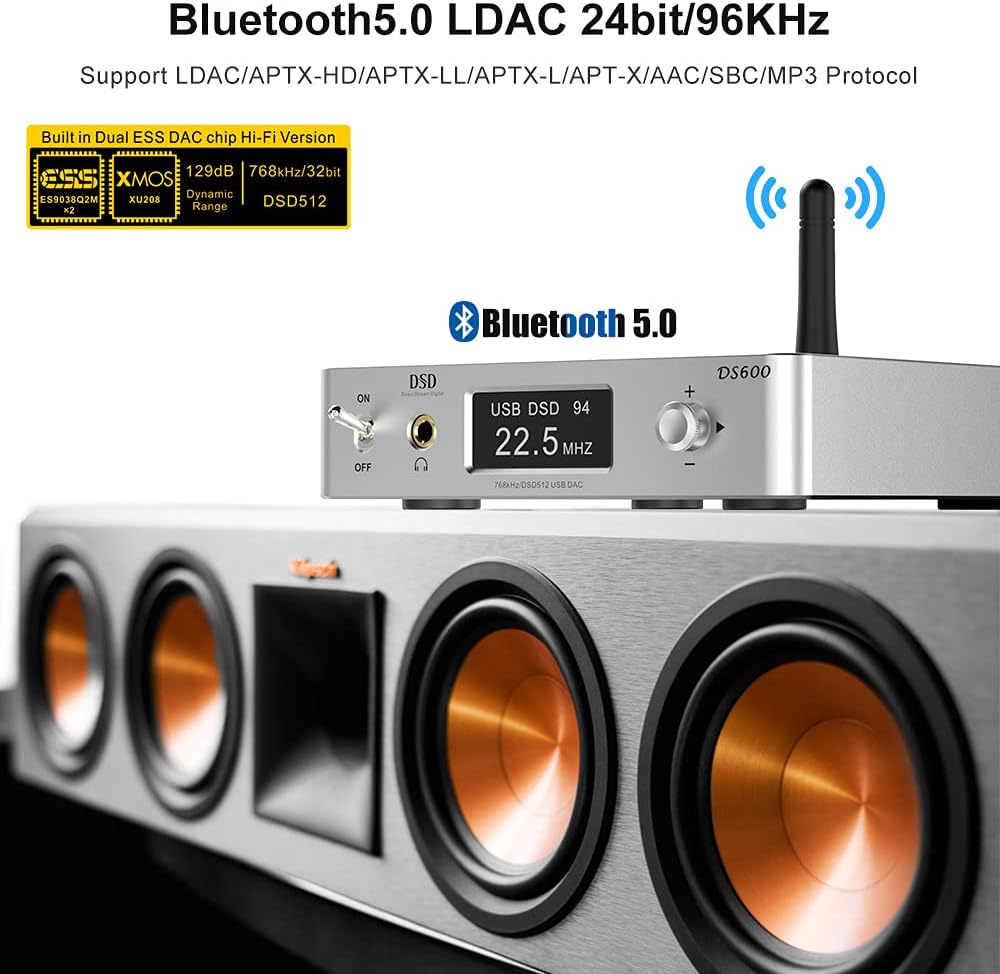DS600 HiFi Audio DAC Bluetooth 5.0 Receiver LDAC AptX HD, USB DAC, DSD512 32Bit/768Khz, Dual ES9038Q2M XMOS, Headphone Amplifier 3.5mm AUX/RCA Out W7217