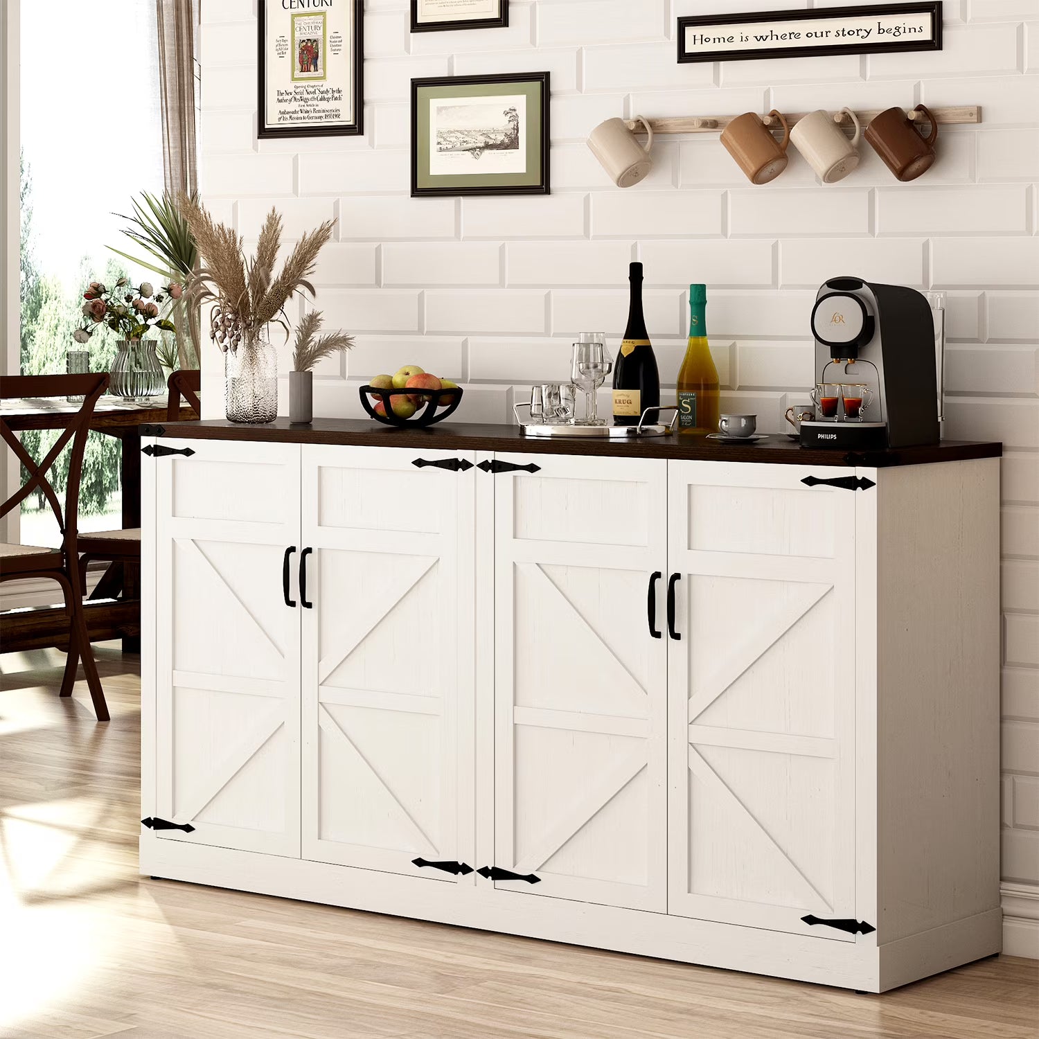 White-Brown 4 Barn Doors Buffet Cabinet with Adjustable Shelves X638