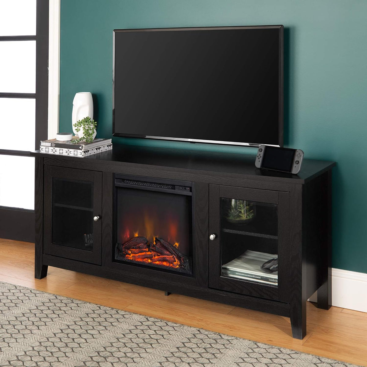 Black 58 Inch Wood and Glass Fireplace TV Stand O48534