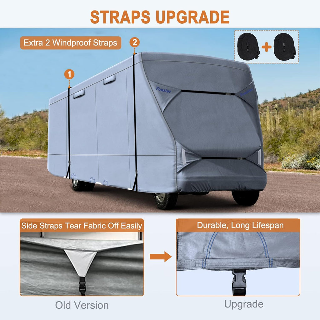 Rip-Stop 210D Class C RV Cover Windproof Waterproof Camper Cover with 2Pcs Extra Long Straps & Gutter Covers M932