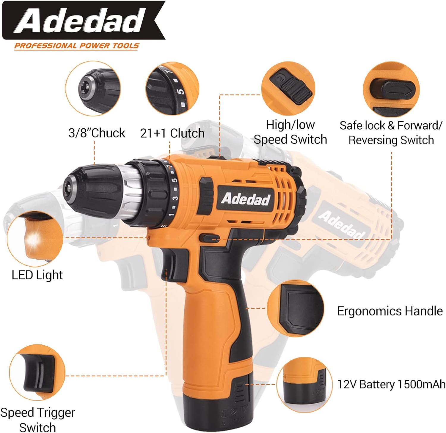 12V Cordless Brushless Ratchet Wrench & Drill, 3/8" 40Ft-lbs Torque 400 RPM, 21+1 Metal Drill, 2 Batteries Power Tool Set M842302
