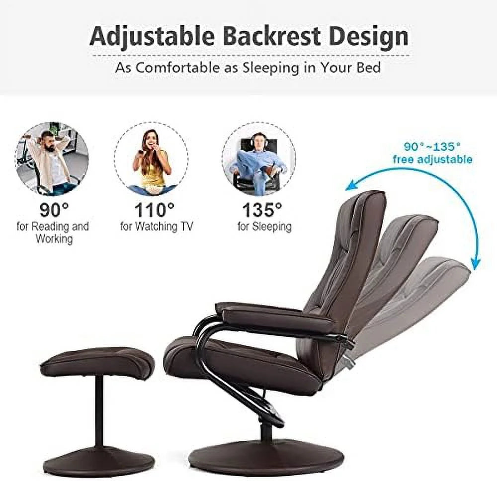 Brown PU Leather Swivel Recliner Chair with Footrest Ottoman Set H74736