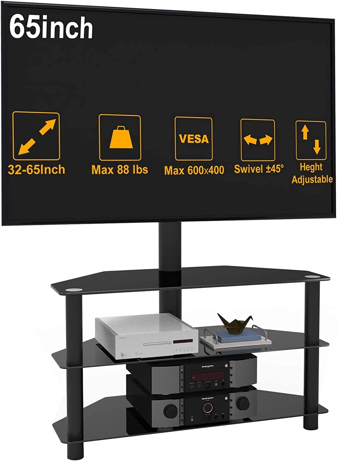 Swivel Floor TV Stand with Tempered Glass Shelf, Black B46626