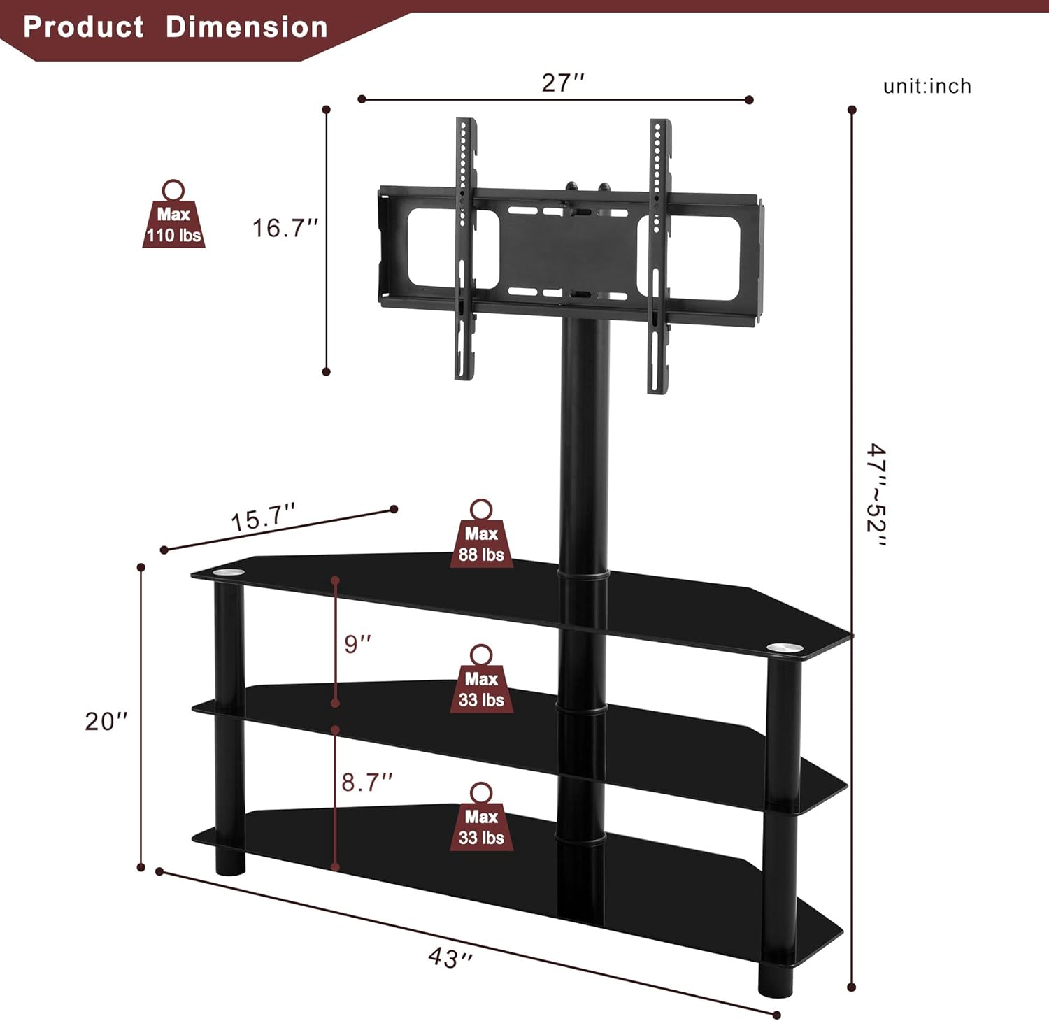 Swivel Floor TV Stand with Tempered Glass Shelf, Black B46626