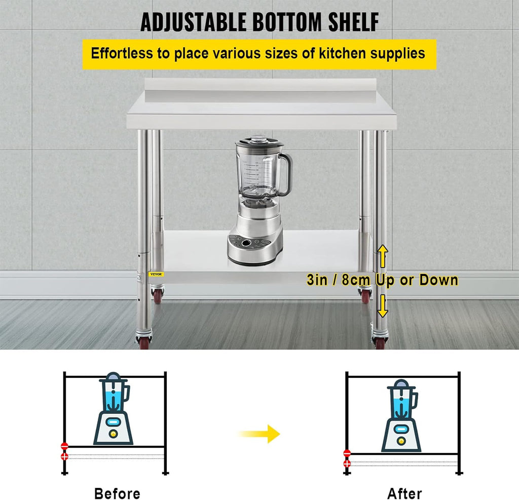 Stainless Steel Prep Table, 30 x 24 x 35 Inch, 440lbs Load Capacity, with Backsplash, Adjustable Undershelf & 4 Casters W399