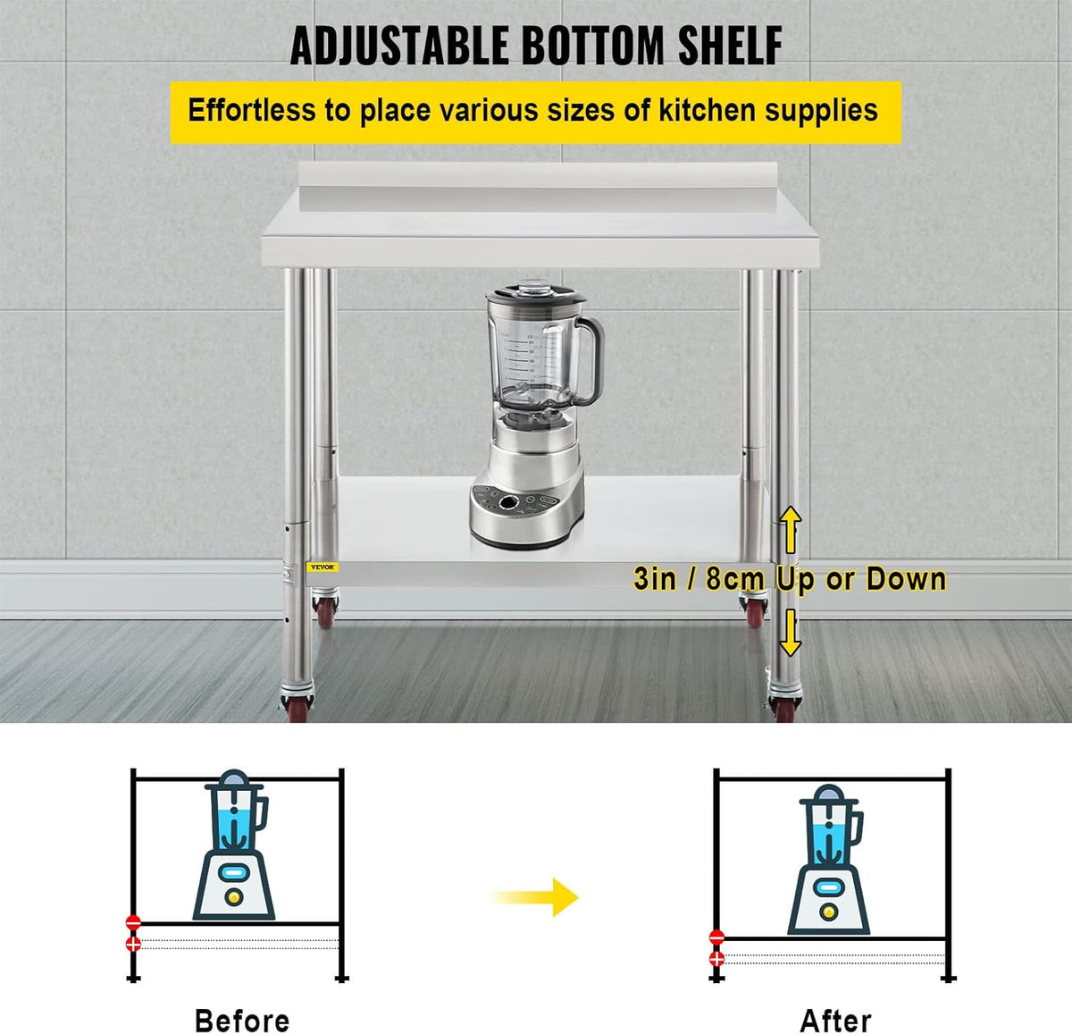 Stainless Steel Prep Table, 30 x 24 x 35 Inch, 440lbs Load Capacity, with Backsplash, Adjustable Undershelf & 4 Casters W399
