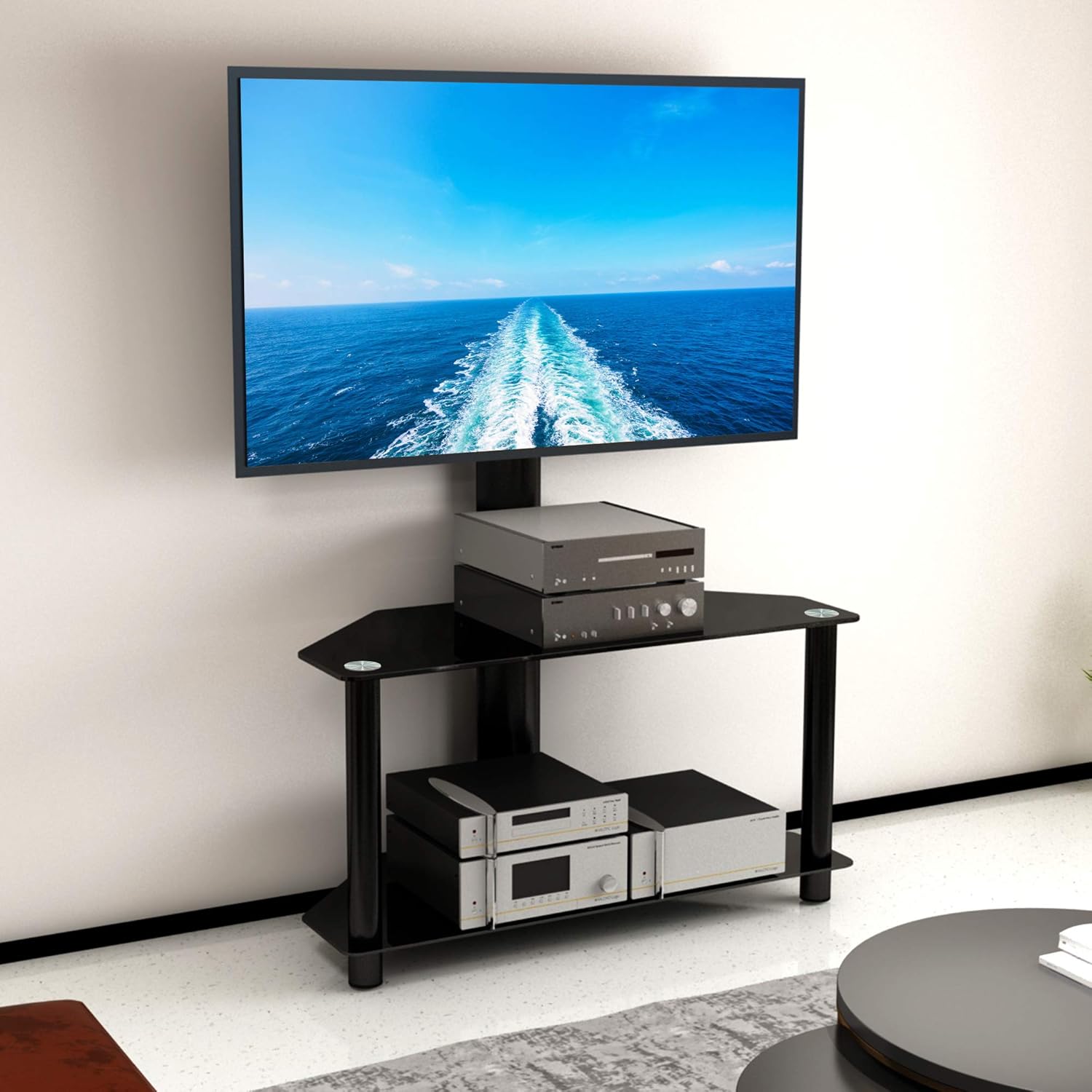 Swivel Floor TV Stand with Tempered Glass Shelf, Black B46626