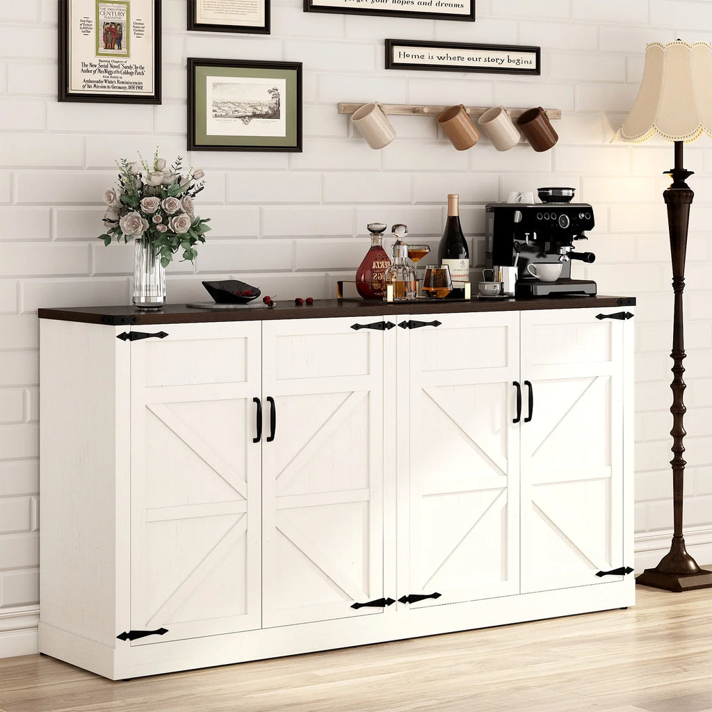 White-Brown 4 Barn Doors Buffet Cabinet with Adjustable Shelves X638