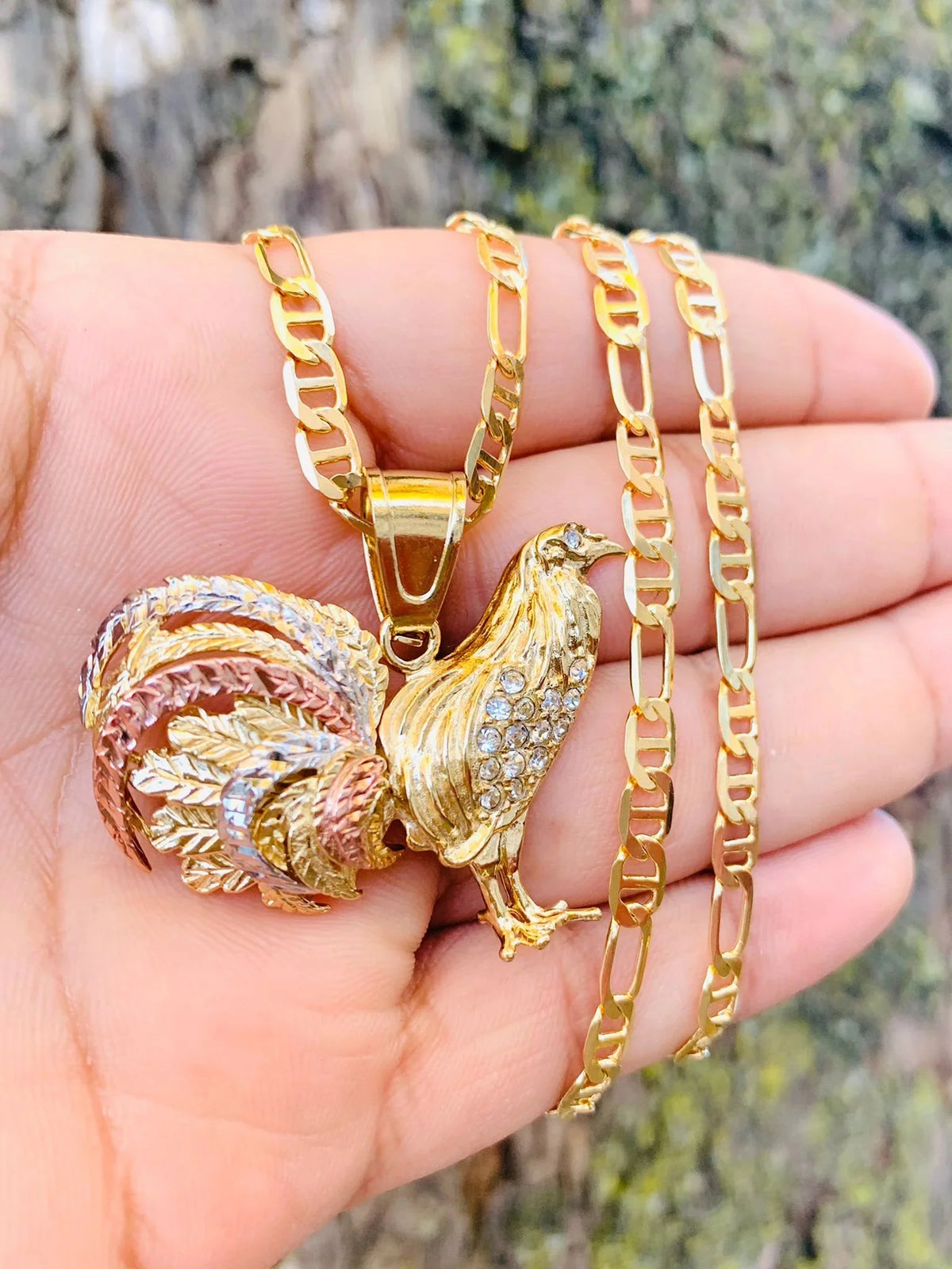 14K Solid Gold Filled Rooster Necklace Pendant CZ Mariner Chain 24" L489823