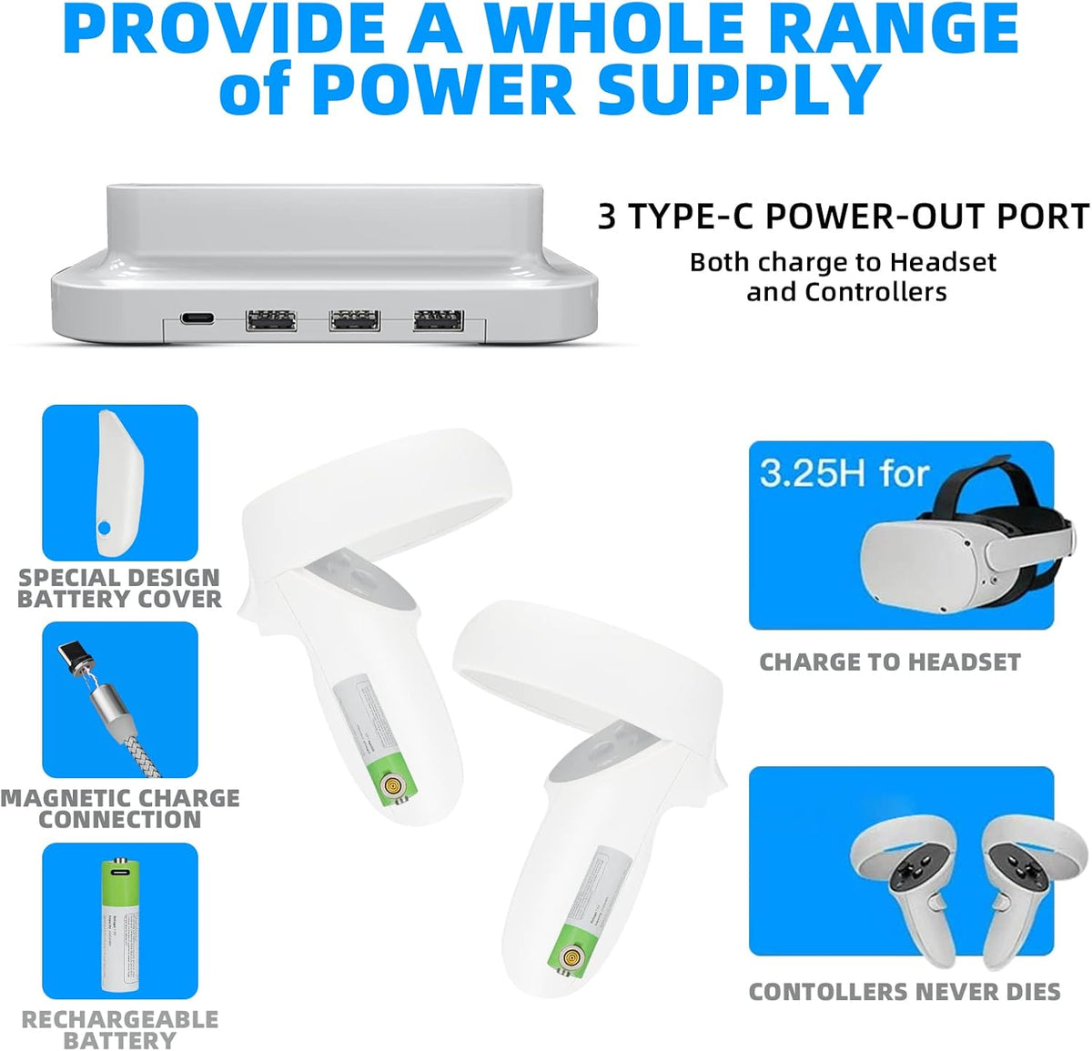 Charging Station for Quest 2 with 2 Rechargeable Batteries and USB-C Charger Cable V885