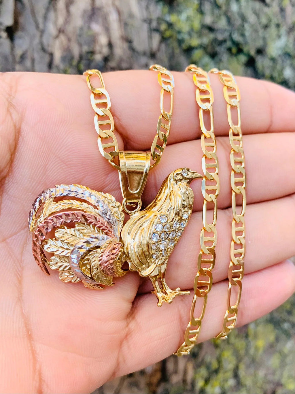 14K Solid Gold Filled Rooster Necklace Pendant CZ Mariner Chain 24" L489823