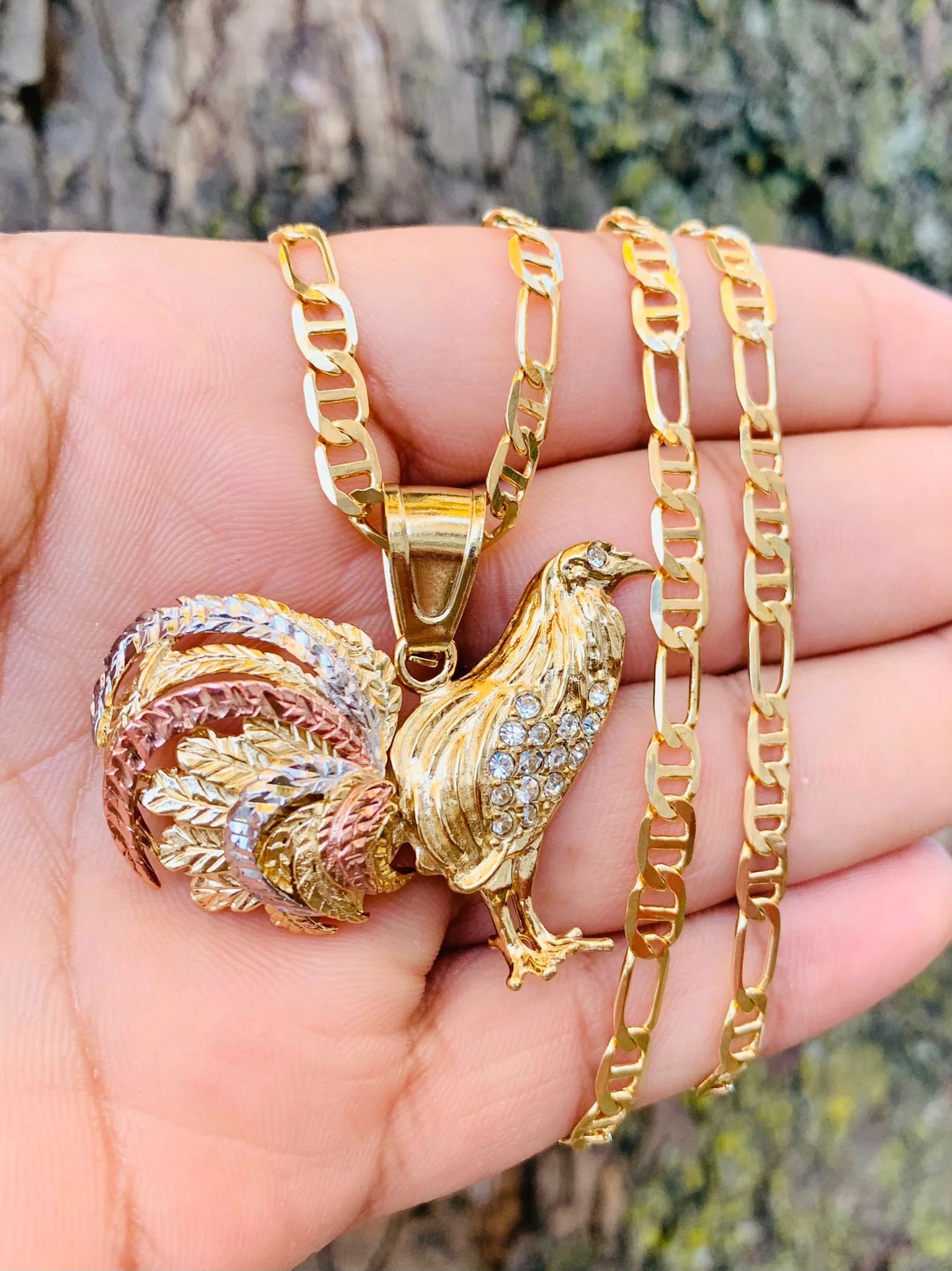 14K Solid Gold Filled Rooster Necklace Pendant CZ Mariner Chain 24" L489823