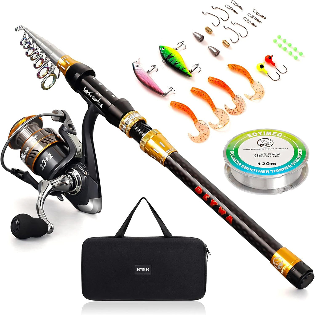 Telescopic Carbon Fiber Fishing Rod and Reel Combo with Fishing Accessories Golden Black U2727